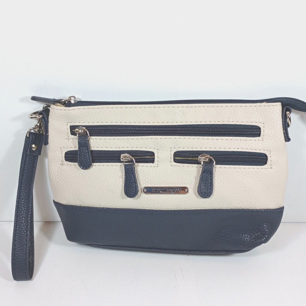 Stone & Co Wristlet Bag Cream Blue Colorblock Faux Leather Small Purse Clutch